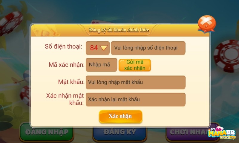 Thao tác giúp gamer có thể đăng ký chơi game đánh bài ăn tiền tại mana88