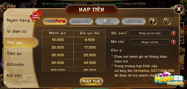 Cổng game Iwin cho phép bạn nạp tiền bằng thẻ cào của 4 nhà mạng lớn: Viettel, Mobi, Vina và Vietnamobile.