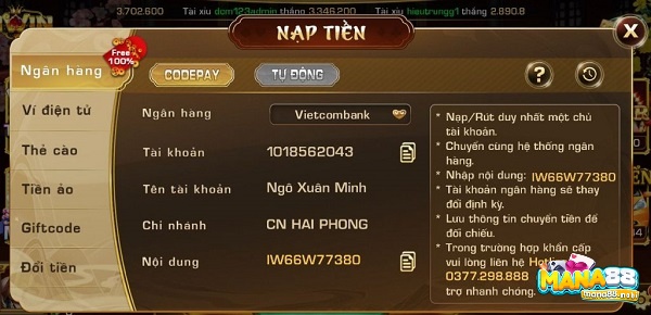 Nạp tiền vào tài khoản Iwin bằng hình thức Codepay