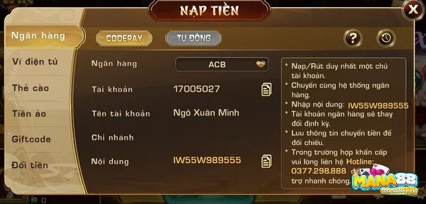 Hướng dẫn nạp tiền tại cổng game đổi thưởng Iwin club