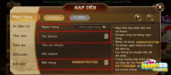 Form mẫu nạp tiền