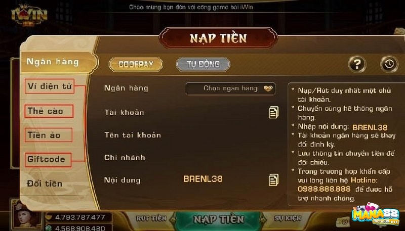 Cách nạp tiền vào Iwin