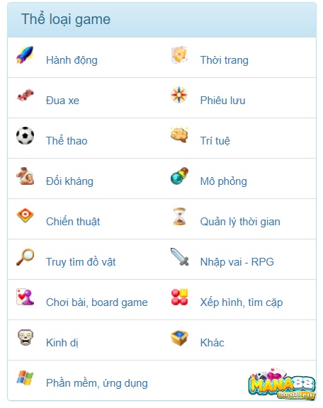 Các thể loại mà taigame.org cung cấp