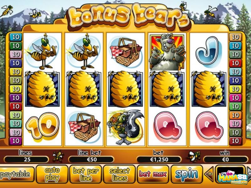 Bonus Bears có ba hàng năm cuộn và tối đa 25 hàng thanh toán