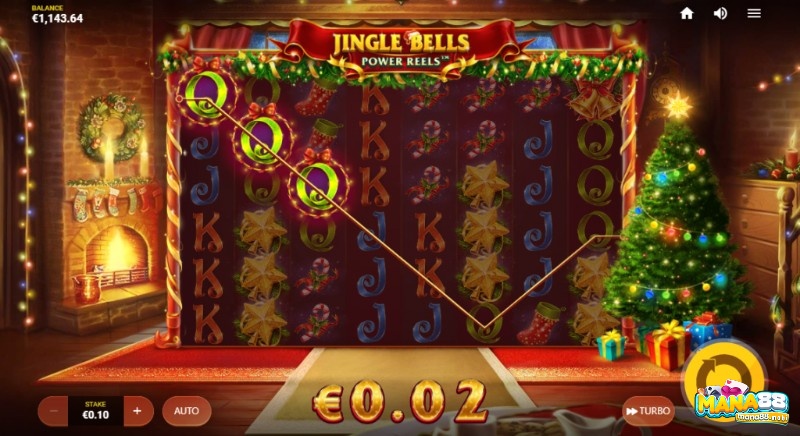 Nền của Jingle Bells Power Reels được đặt trong phòng khách với cây thông Noel ở bên phải