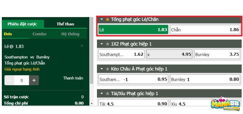 Bảng kèo trận đấu giữa Southampton vs Burnley