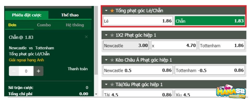 Bảng kèo trận đấu giữa Newcastle vs Tottenham