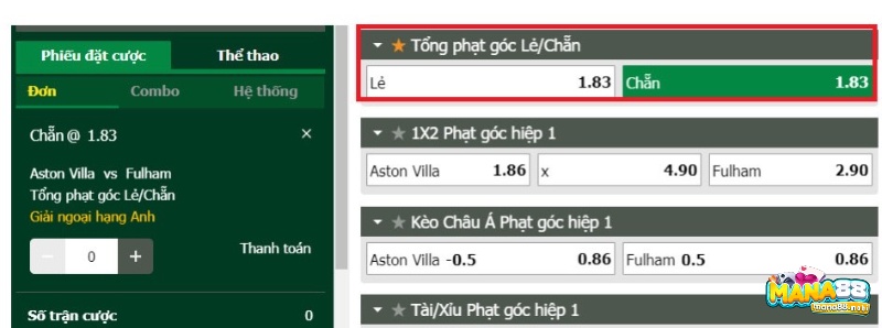 Bảng kèo trận đấu giữa Aston Villa vs Fulham