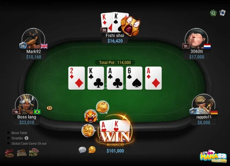 Xác định thắng trong poker thông qua cược tố 4 vòng và có tổ hợp lá bài lớn nhất