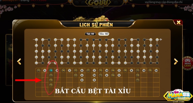 Cầu bệt xuất hiện khi một cửa (Tài hoặc Xỉu) ra liên tiếp nhiều ván.