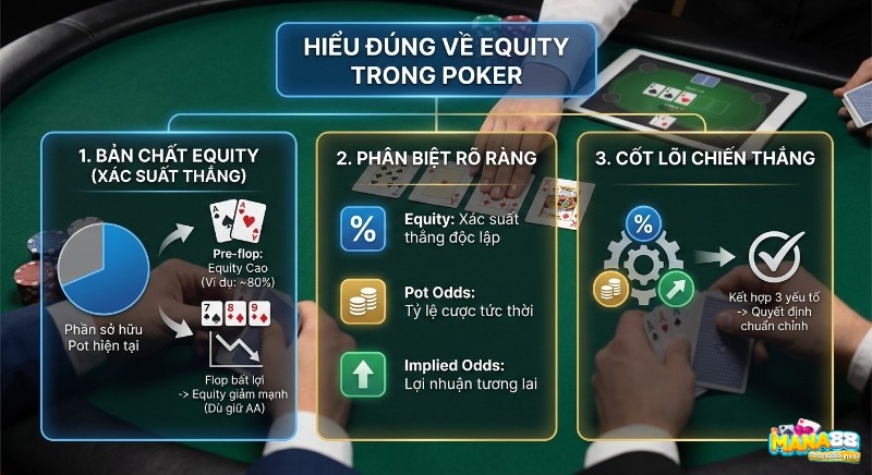 Tổng quan chiến lược Equity là gì trong Poker, giải thích bản chất, phân biệt Pot Odds, Implied Odds để đưa ra quyết định chuẩn xác