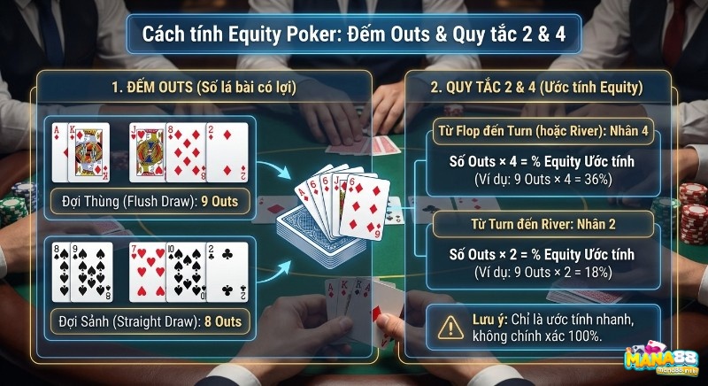 Công thức tính Equity Poker thực chiến: Đếm Outs và quy tắc 2 & 4 với ví dụ Flush Draw, Straight Draw