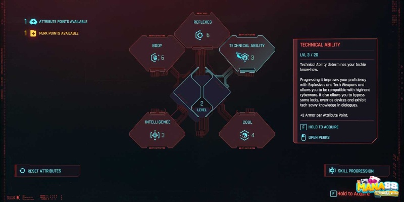 Màn hình thuộc tính trong Cyberpunk 2077 cho người chơi xây dựng build theo phong cách riêng