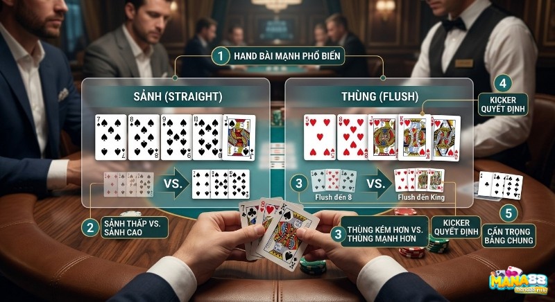 Hướng dẫn đánh giá hand bài Poker Thùng (Flush) và Sảnh (Straight) phổ biến, chỉ rõ sảnh thấp, sảnh cao, thùng mạnh yếu và vai trò kicker