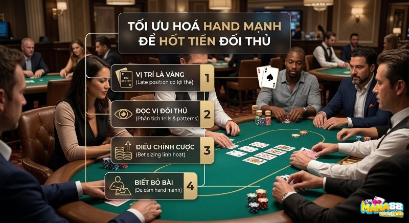 Quy trình 4 bước bí quyết tối ưu hóa các hand mạnh trong poker hốt tiền đối thủ: tận dụng vị trí, đọc vị, điều chỉnh cược linh hoạt và biết bỏ bài