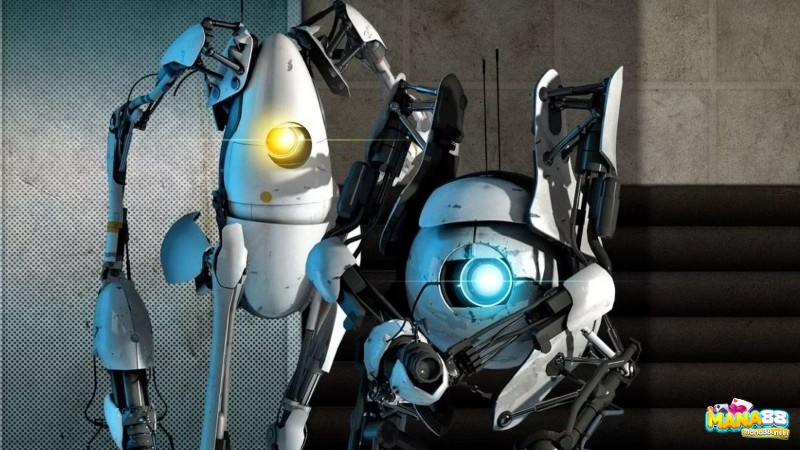 Portal 2 với hai robot giải đố bằng cổng dịch chuyển trong chế độ co-op