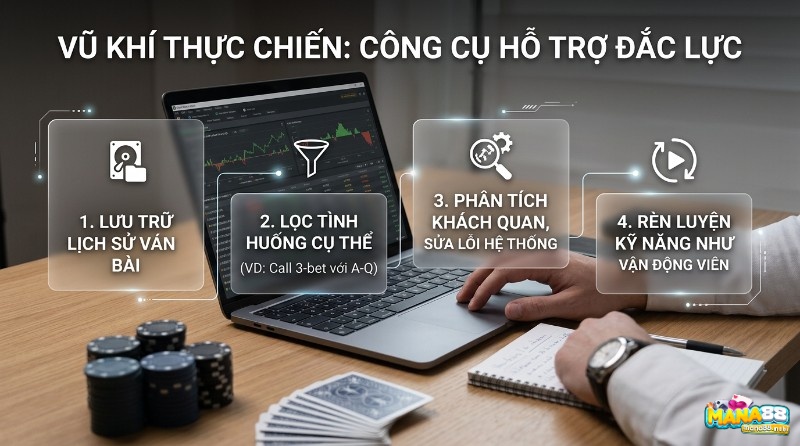 Công cụ hỗ trợ poker giúp lưu trữ, lọc tình huống cụ thể, phân tích lỗi hệ thống và rèn luyện kỹ năng. Người chơi dùng laptop, chip, bài