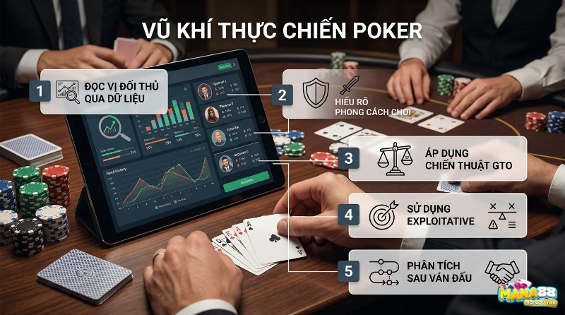 Vũ khí thực chiến poker: Đọc vị đối thủ qua dữ liệu, hiểu phong cách chơi, áp dụng GTO, Exploitative và phân tích sau ván đấu trên bàn poker với tablet